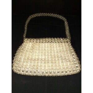 Vtg Clear Beaded Purse 6x10 W/Beige Lining Beaded Strap Handmade in Hong Kong